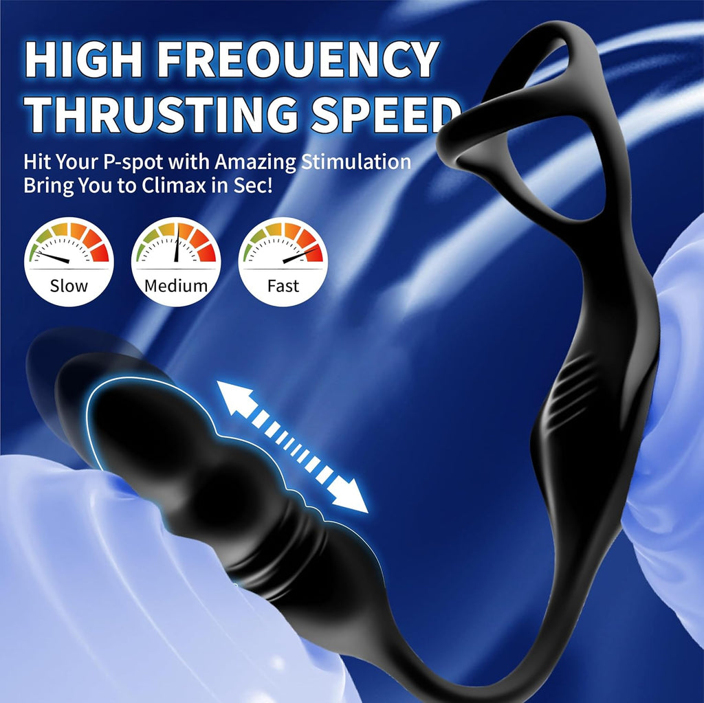 Thrusting Anal Vibrator Prostate Massager, Vibrating Cock Ring, Remote Control Anal Butt Plug, 9 Vibration Modes, Anal Bead，Male Vibrators for Men Adult Toys, Sex Toys for Men and Couple Pleasure
