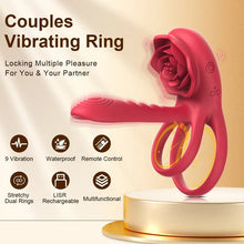 Load image into Gallery viewer, Rechargeable 7 Vibrating Male Couples Sex Toys, Vibrating Penis Ring with Rose Clitoral Stimulator, Couples Sex Toys with G Spot Clitoral Vibrator