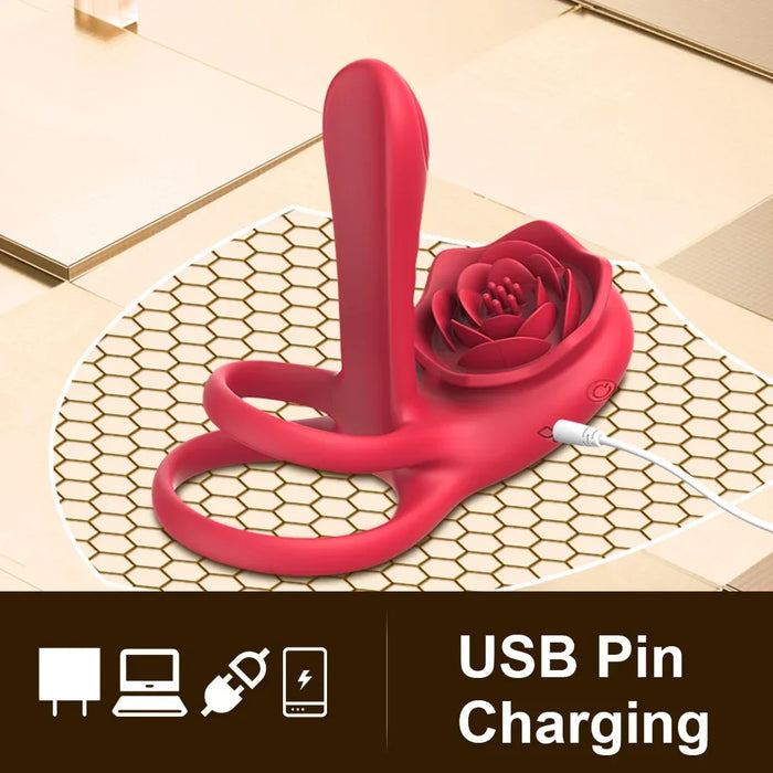 Rechargeable 7 Vibrating Male Couples Sex Toys, Vibrating Penis Ring with Rose Clitoral Stimulator, Couples Sex Toys with G Spot Clitoral Vibrator