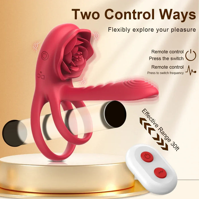 Rechargeable 7 Vibrating Male Couples Sex Toys, Vibrating Penis Ring with Rose Clitoral Stimulator, Couples Sex Toys with G Spot Clitoral Vibrator